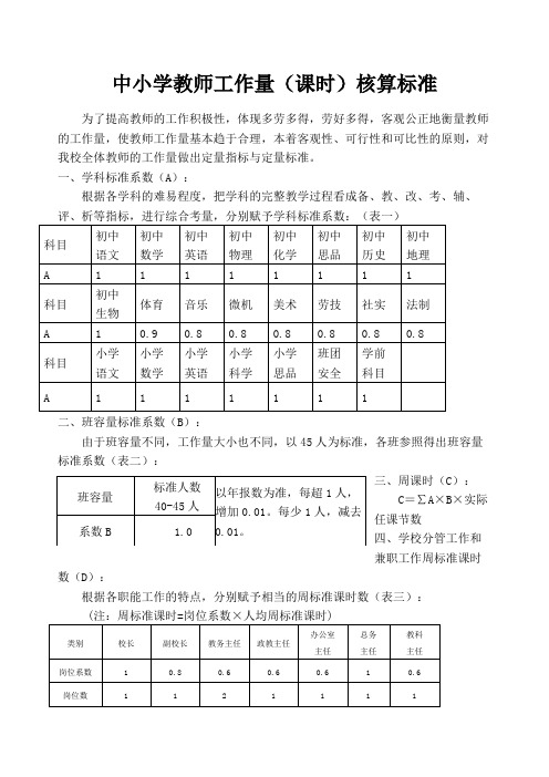 教师工作量课时核算标准 