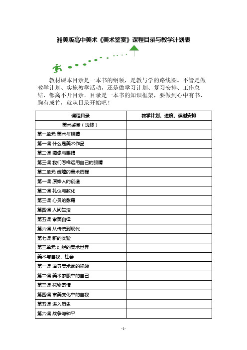 湘美版高中美术《美术鉴赏》课程目录与教学计划表