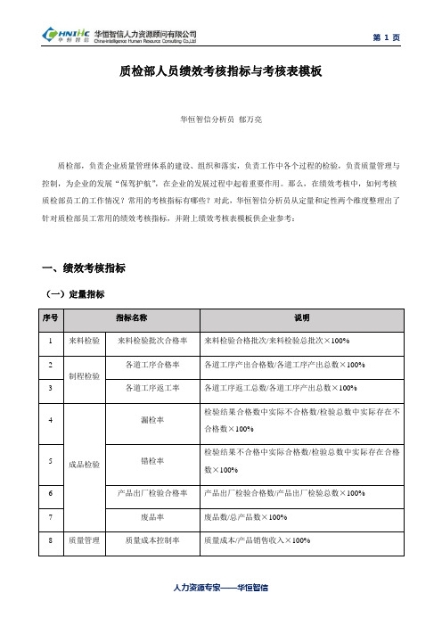 质检部人员绩效考核指标与考核表模板