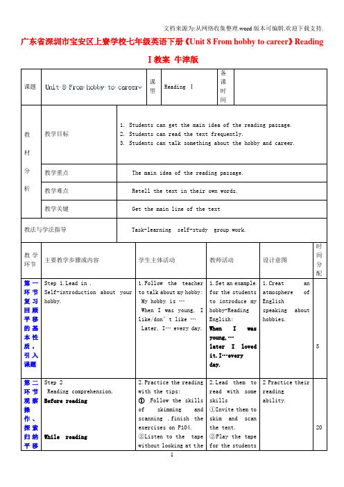 七年级英语下册Unit8FromhobbytocareerReadingⅠ教案牛津版