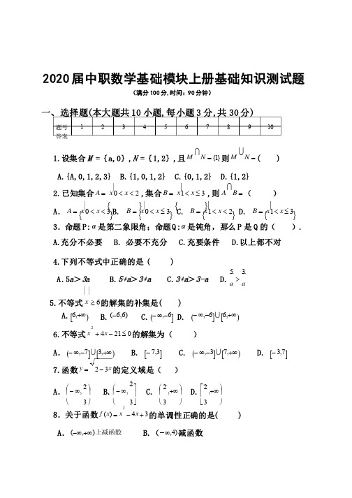 2020届中职数学基础模块上册1-5章期末测试题含答案（集合不等式函数指数对数函数三角函数）