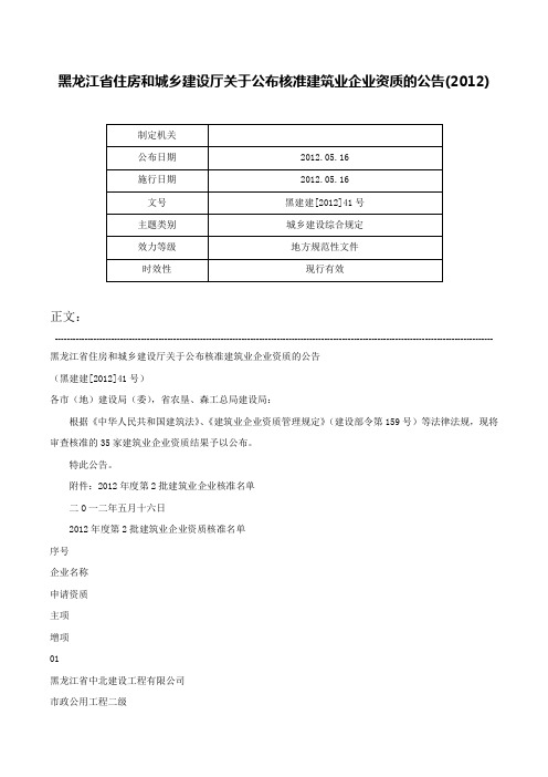 黑龙江省住房和城乡建设厅关于公布核准建筑业企业资质的公告(2012)-黑建建[2012]41号