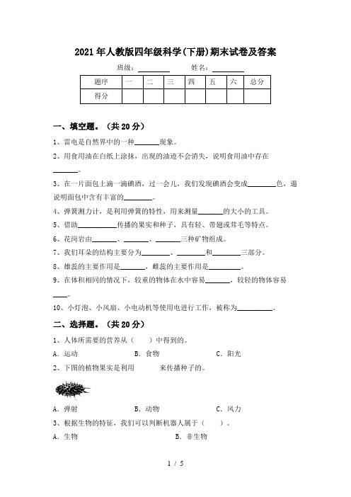 2021年人教版四年级科学(下册)期末试卷及答案