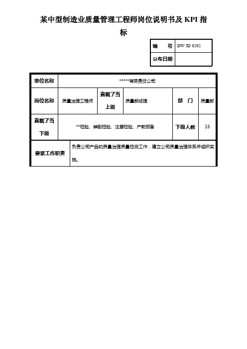 某中型制造业质量管理工程师岗位说明书及KPI指标