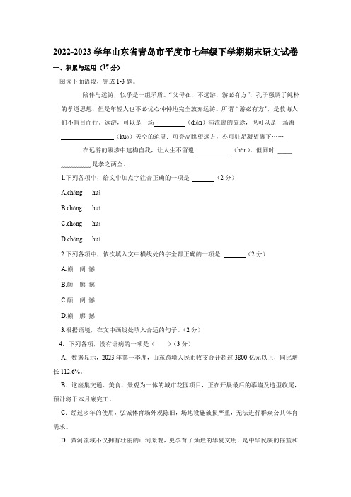 2022-2023学年山东省青岛市平度市七年级下学期期末语文试卷(含答案解析)