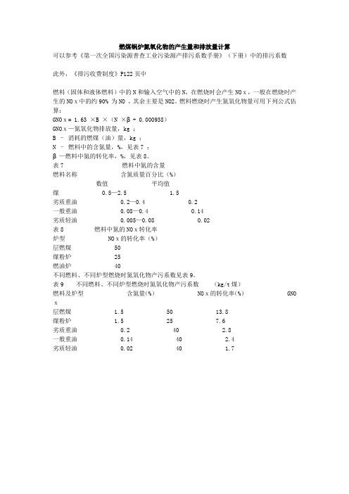 燃煤锅炉氮氧化物的产生量和排放量计算