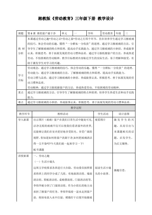 湘教版劳动教育三年级下册  第6课 谁的窗户最干净(教案)