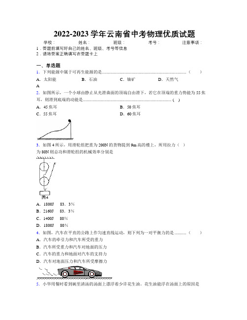 2022-2023学年云南省中考物理优质试题附解析