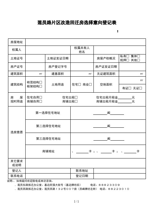 莲员路片区改造回迁房选择意向登记表