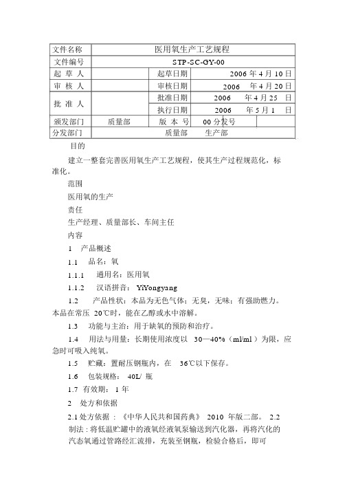 医用氧生产工艺规程