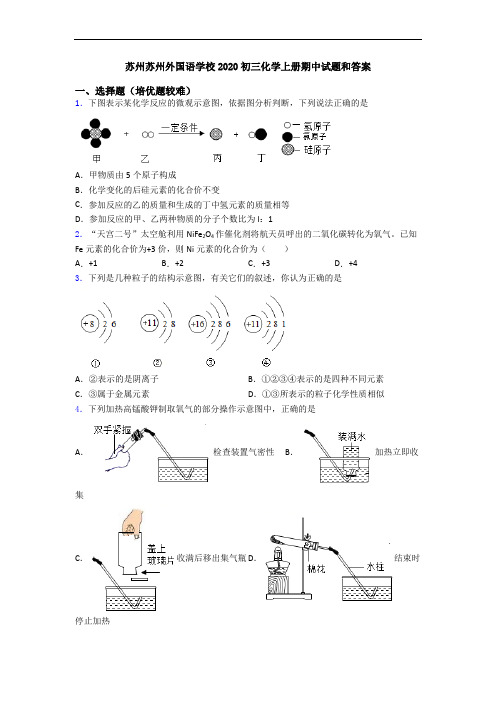 苏州苏州外国语学校2020初三化学上册期中试题和答案