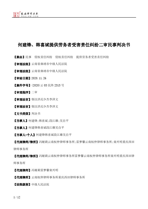 何建锋、韩喜斌提供劳务者受害责任纠纷二审民事判决书