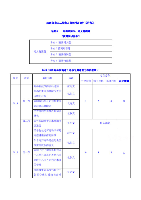 2016届高三二轮复习英语精品资料 专题06 阅读理解Ⅳ：词义猜测题(讲) 含解析