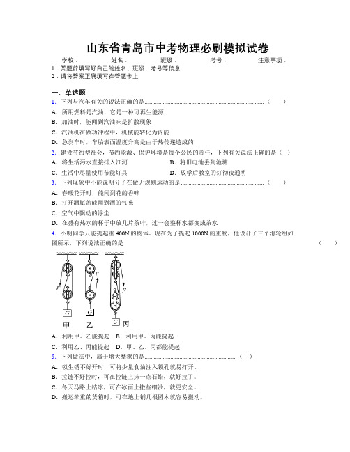 最新山东省青岛市中考物理必刷模拟试卷及解析