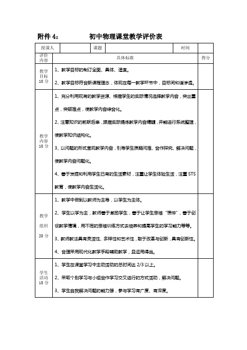 初中物理课堂评价表