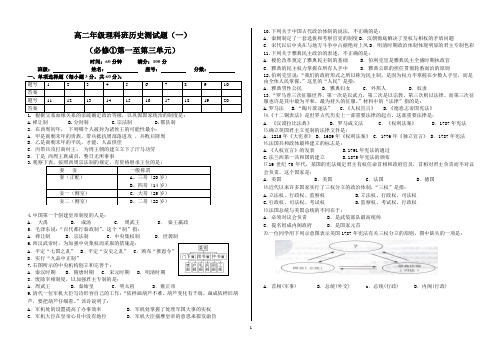 高二历史会考模拟测试题(一)