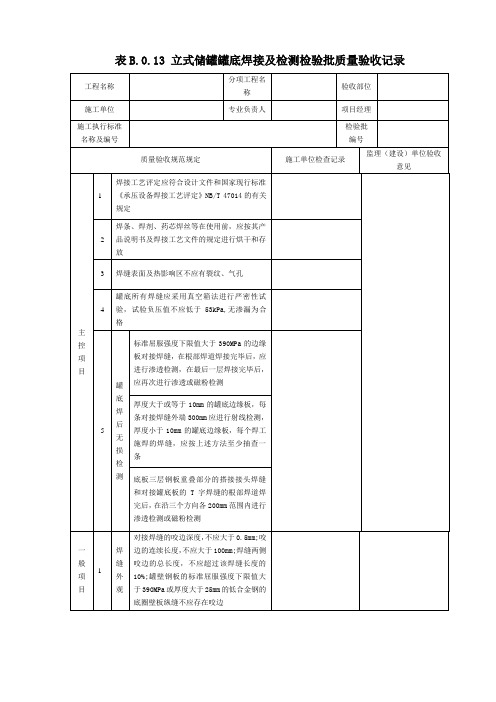 表B.0.13 立式储罐罐底焊接及检测检验批质量验收记录(2019版)