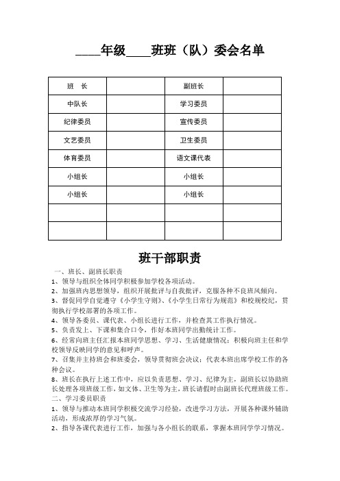 班级班委会名单、班干部职责