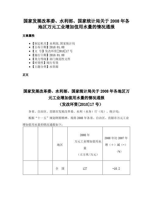 国家发展改革委、水利部、国家统计局关于2008年各地区万元工业增加值用水量的情况通报