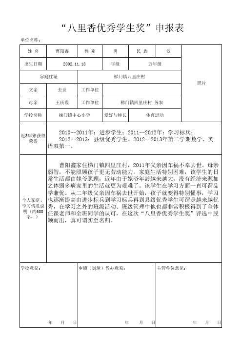 优秀学生申报表