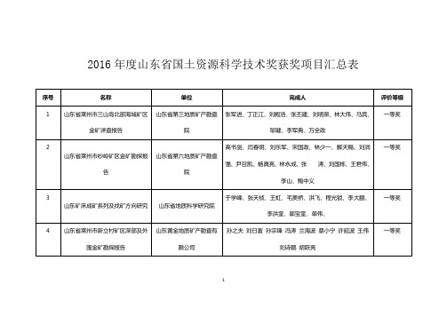 2016年度山东省国土资源科学技术奖获奖项目汇总表