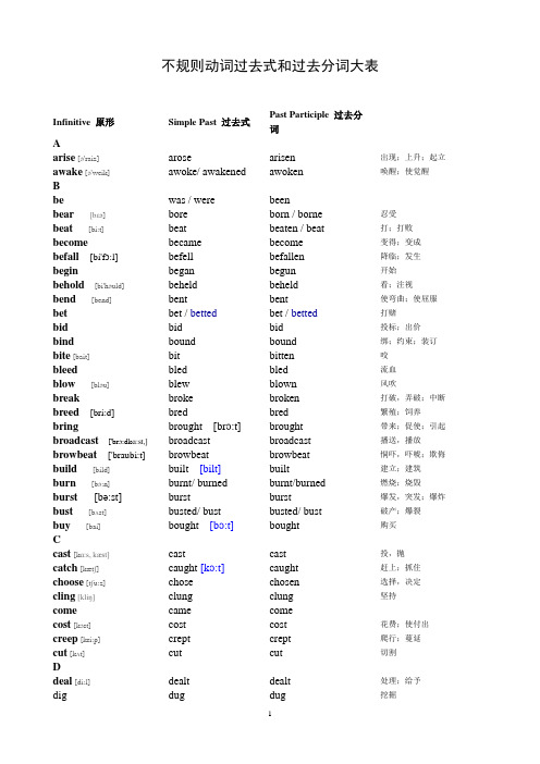 不规则动词过去式和过去分词表(含音标及中文)