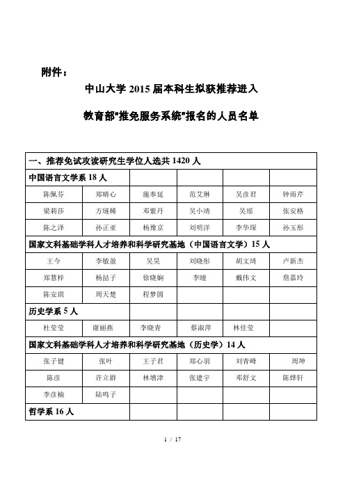 中山大学2015届本科生拟获推免资格名单通知