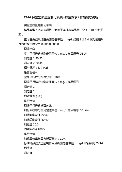 CMA实验室质量控制记录表+质控要求+样品编号说明