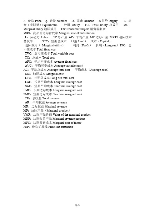 微观经济学中各个字母缩写对应的中英文意思完整版.doc