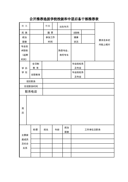 中层后备干部推荐表