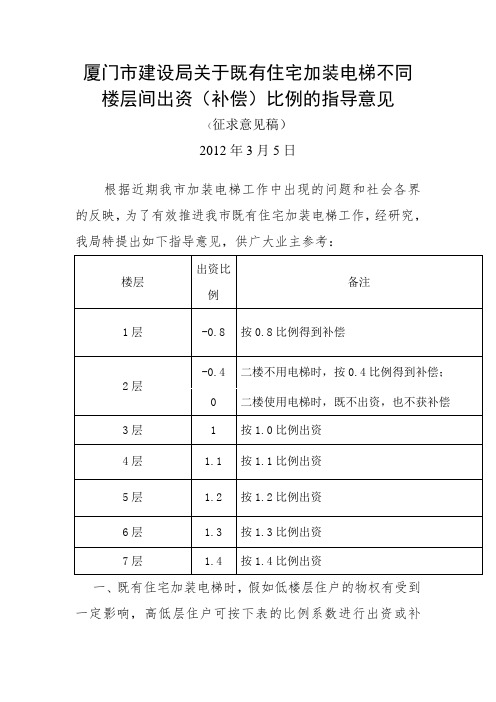 厦门市建设局关于既有住宅加装电梯不同楼层间出资