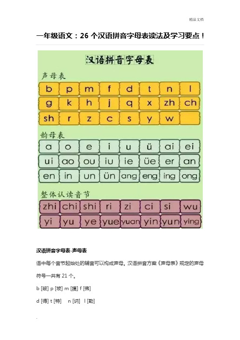 一年级语文：26个汉语拼音字母表读法及学习要点