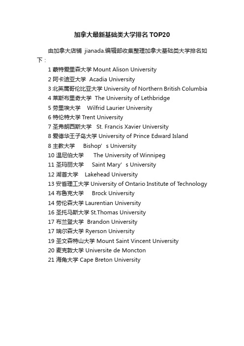 加拿大最新基础类大学排名TOP20