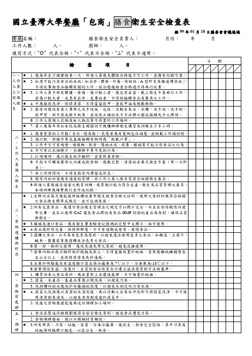 国立台湾大学餐厅包商膳食卫生安全检查表