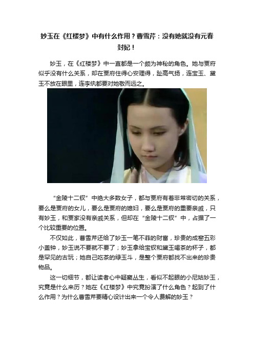 妙玉在《红楼梦》中有什么作用？曹雪芹：没有她就没有元春封妃！