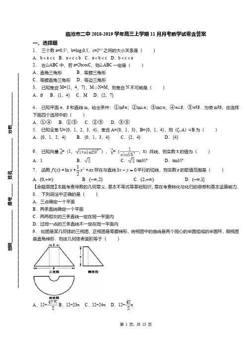 临沧市二中2018-2019学年高三上学期11月月考数学试卷含答案