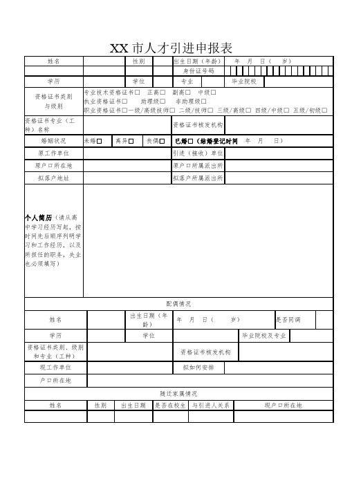 XX市人才引进申报表