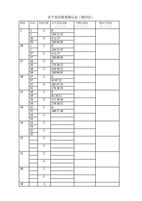 水平角读数观测记录(测回法)