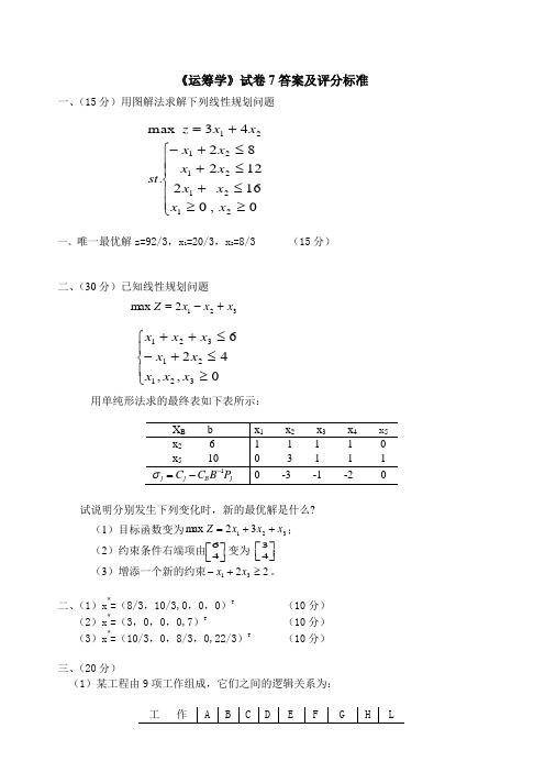 运筹学答案及评分标准7