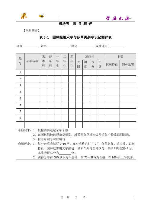 园林植物识别与应用--11模块五(项目十三、十四)测评表与综合课业参考答案