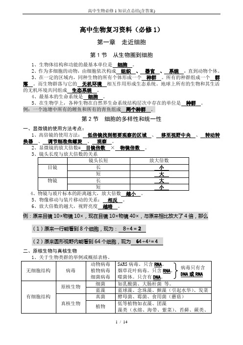 高中生物必修1知识点总结(含答案)