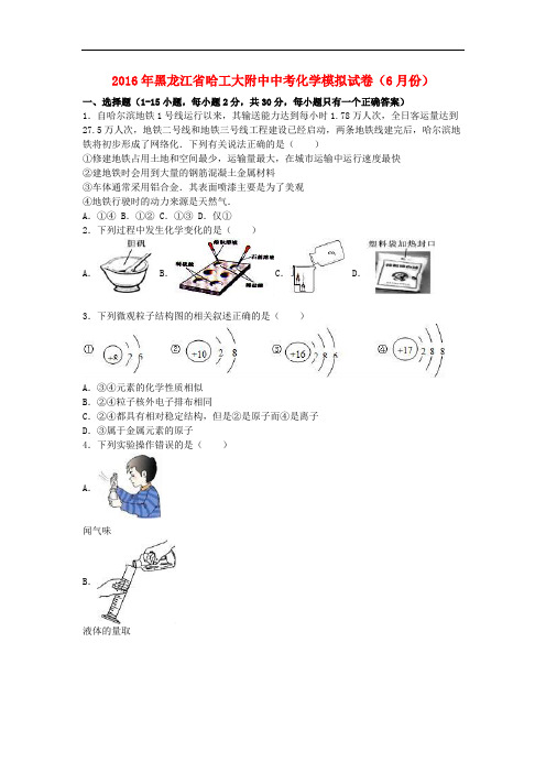 黑龙江省哈工大附中中考化学6月模拟试卷(含解析)