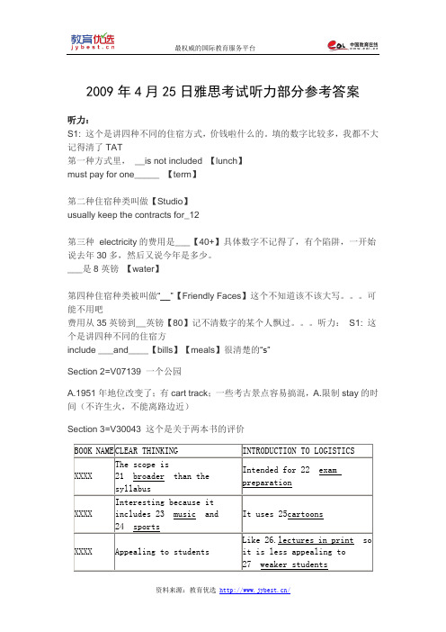 2009年4月25日雅思考试听力部分参考答案