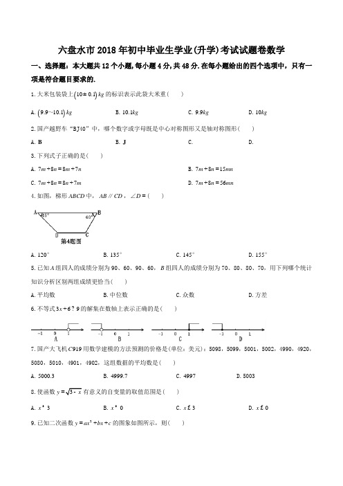 2018年六盘水市初中毕业生学业(升学)考试试题卷数学