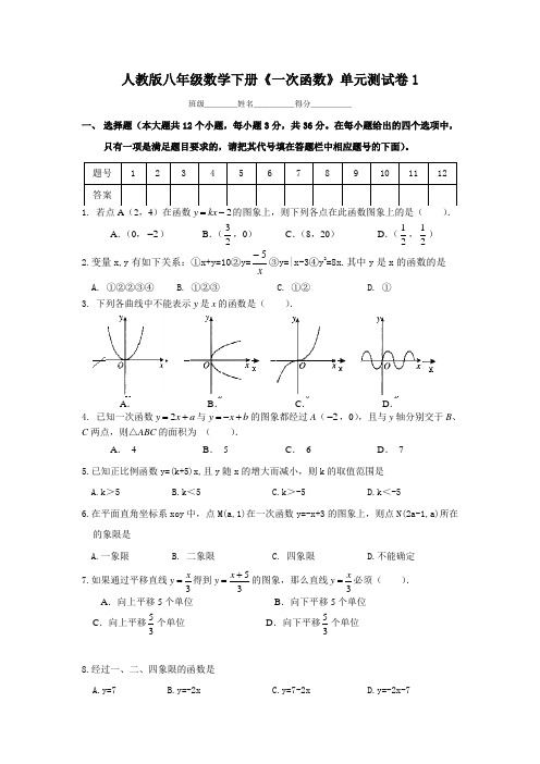 人教版八年级数学下册《一次函数》单元测试卷及答案