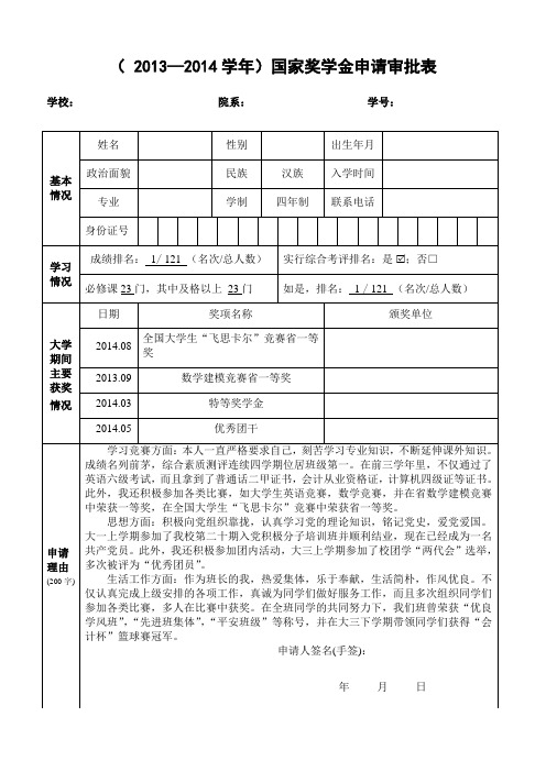 国家奖学金申请审批表优秀模板