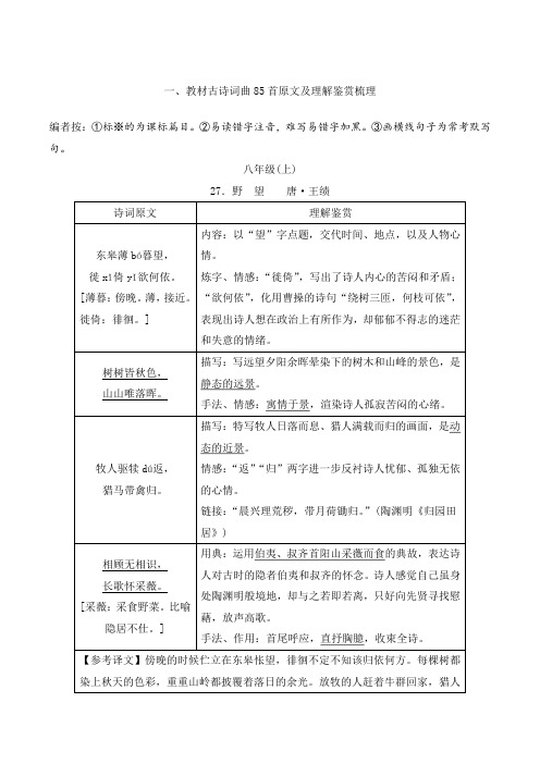 2025年中考语文总复习晨读手册教材古诗词曲85首原文及理解鉴赏梳理 八年级(上)