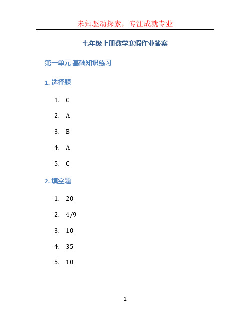 七年级上册数学寒假作业答案