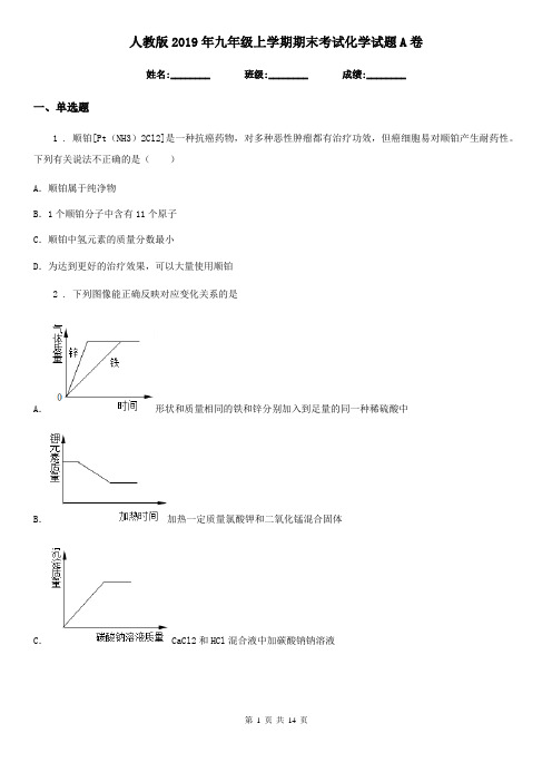 人教版2019年九年级上学期期末考试化学试题A卷(检测)