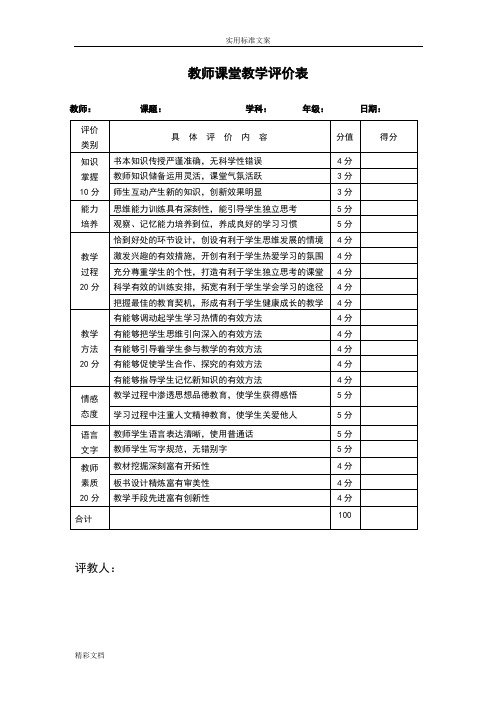 教师课堂教学评价与衡量表(量表)